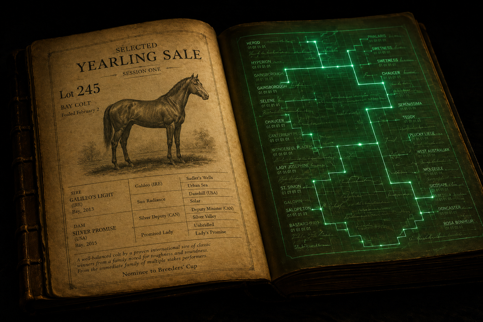 Traditional Thoroughbred sales catalog transforming into a digital pedigree network