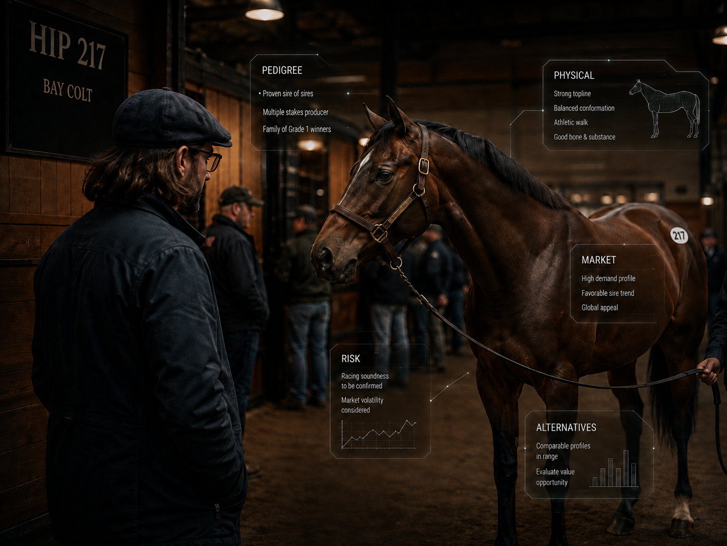 Horseman evaluating a Thoroughbred with artificial intelligence and bloodstock analytics