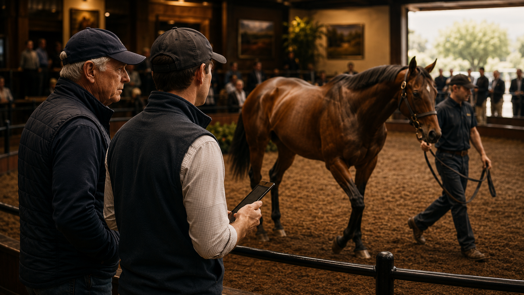 Older and younger horsemen evaluating a Thoroughbred together